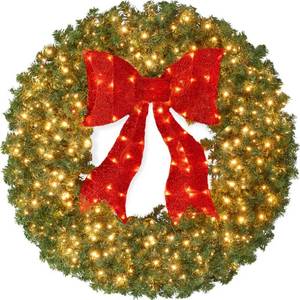 Pre-Lit Artificial Fir Christmas Wreath w Red Bow, LED Lights 24, Retail $86.99