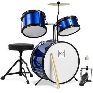 Kids Beginner 3-Piece Drum, Musical Instrument Set w Sticks, Stool, Pedal, Blue