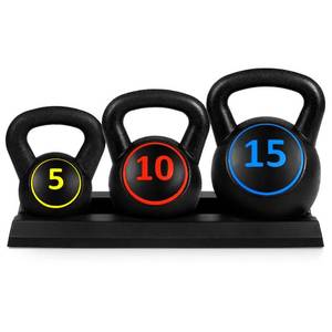 3-Piece Kettlebell Exercise Fitness Weight Set w Storage Rack, Black