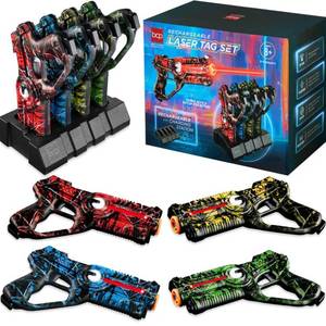 Set of 4 Rechargeable Laser Tag Blasters w/ Docking Station, No Vests Needed, Graffiti Red/ Blue/ Green/ Yellow, Retail $157.99
