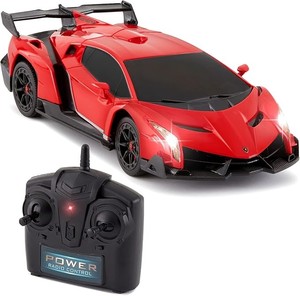 124 Officially Licensed RC Lamborghini Veneno Sport Racing Car w 27MHz Remote Control, Head and Taillights, Shock Suspension, Fine Tune Adjustment - Red