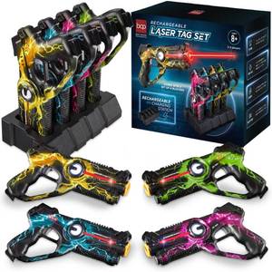 Set of 4 Rechargeable Laser Tag Blasters w Docking Station, No Vests Needed, Yellow Green Teal Pink, Retail $157.99