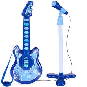 Kids Pretend Play Guitar Musical Instrument Toy w Microphone, Stand - 19in, Royal Blue