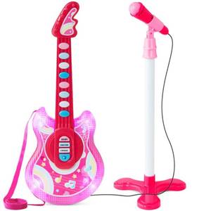 Kids Pretend Play Guitar Musical Instrument Toy w Microphone, Stand - 19in, Pink