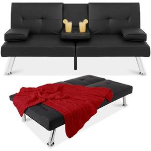 Faux Leather Upholstered Convertible Sofa Bed Futon w 2 Cupholders, Black, Retail $357.99