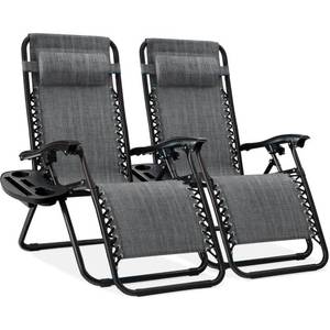 Set of 2 Adjustable Zero Gravity Patio Chair Recliners w Cup Holders, Gray