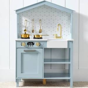 Pretend Play Wooden Farmhouse Kitchen Set w Storage, Clicking Knobs, 5 Accessories - Ocean