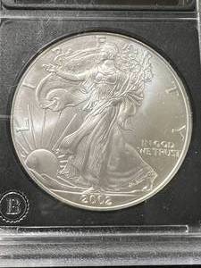 2002 AMERICAN SILVER EAGLE 1 TROY OZ .999 FINE SILVER SLABBED BU