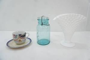 Vintage Glassware. Ball aqua blue jar & glass lid, Fenton white milk glass hobnail fan vase