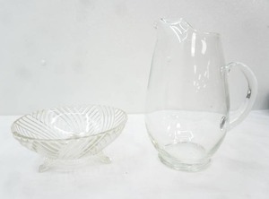 Vintage glass serving bowl , clear glass water pitcher