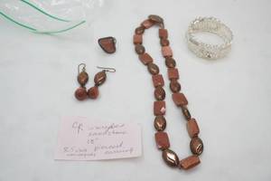 CR Inscripted Sandstone 18 Necklace. Size 8.5 Ring. Pierced Earrings, Faux Diamond Bracelet