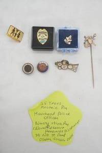 Jewelry Lot 35 Years Masonic Pin, Moorhead Police Officer, Navy Sticker Pin, Naval Reserve Honorable Discharge, 39 No St Paul, Osman Circus 2002