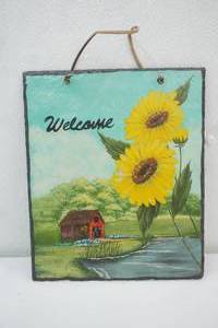 12x10 Slate Wall Hanging. Welcome with Sunflowers
