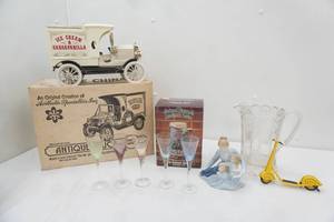 Vintage Ice Cream Truck Decanter, Collectors Stein, Hallmark Kiddie Car Classic Figurine 1937 Steelcraft by Murra Streamline Scooter, Porcelain Figurine, EAPG Clear Glass Pitcher, Colorful Cordial Glasses Set