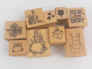 Rubber Stamp Set - Wooden Irish Themed Shamrocks Leprechaun & Pots of Gold