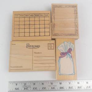 Wooden Rubber Stamp Set - Calendar Grid, Postcard, Frame Border, Gift Bag Designs