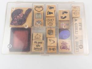 Stampin Up Wooden Mounted Rubber Stamp Set - Baby & Birthday Sentiments