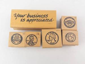Set of 6 Vintage Wooden Rubber Stamps - Coin Portraits & Your business is appreciated Stamp