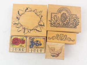 Vintage Rubber Stamp Set - 6 Wood-Mounted Floral & Bird Stamps (June, July)