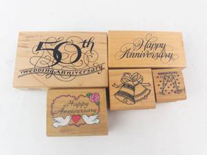 Rubber Stamp Set on Wood Blocks - 60th Wedding Anniversary & Happy Anniversary, 6-Piece