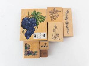 Rubber Stamp Blocks - Grapes, Strawberries, Daisies & Vine Motifs on Wood