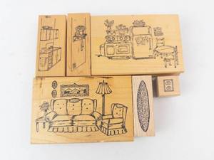 Vintage Rubber Stamp Set - Interior Scene Designs on Wood Blocks (Kitchen & Living Room)