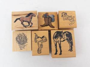 Wooden Rubber Stamp Blocks Set - Western Theme (Horse, Boots, Howdy) (Lot of 6)