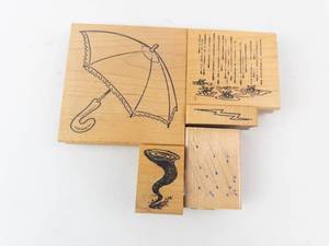 Umbrella Rubber Stamp Set on Wood Blocks - Pattern & Rain Motifs