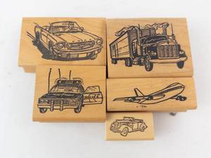 Vehicle Rubber Stamp Set on Wood Blocks - Cars, Truck, Airplane, Police Car