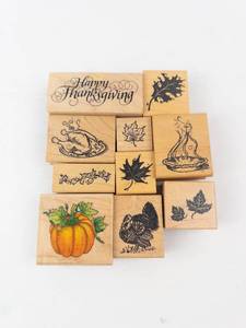 Thanksgiving Rubber Stamp Set on Wood Blocks - Assorted Designs