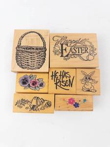 Wood Block Rubber Stamp Set - Basket, Easter, Bunny, Hibiscus & Flowers