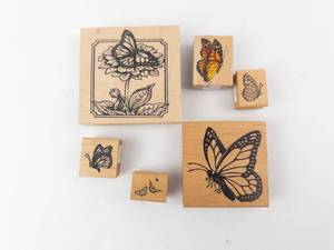 Wood Block Rubber Stamps - Butterfly & Flower Designs, Assorted Sizes