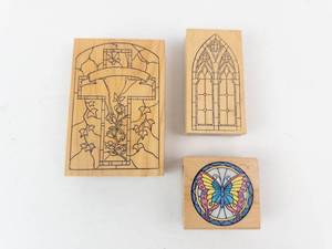 Rubber Stamp Blocks Set - Gothic Window Arch, CrossVine Panel, Butterfly Round