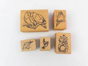 Bird Rubber Stamp Set on Wood Blocks - 5 Assorted Bird Designs
