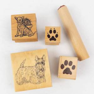Wooden Animal Stamp Set - Dog Cat Outlines with Paw Print Blocks & Bone Handle
