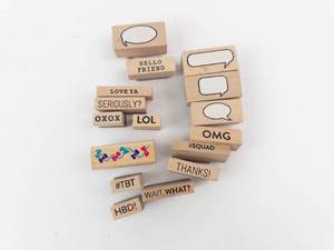 Rubber Stamp Set on Wood Blocks - Pink Rubber, Speech Bubbles & Word Phrases