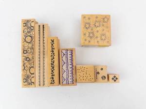 Assorted Rubber Stamp Set on Wood Blocks - Floral, Lace, Stars & Dots
