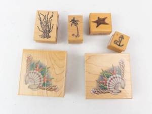 Nautical Rubber Stamp Set - Seaweed, Palm, Starfish, Anchor, Shell Motifs (Lot of 6)