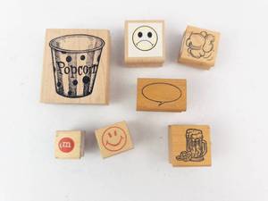 Wooden Rubber Stamp Set - Assorted Food & Emoji Designs on Blocks