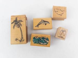 Stampin Up Relax Rubber Stamp Set on Wood Blocks - Palm Tree, Dolphin, Waves, Flip Flops