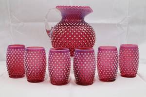 Fenton Cranberry Opalescent Hobnail Pitcher with 6 Tumblers