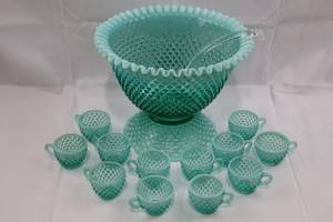 RARE Fenton Vintage Teal Opalescent Hobnail Punch Bowl Set