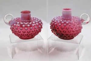 Fenton Cranberry Opalescent Hobnail Taper Candle Holder Set