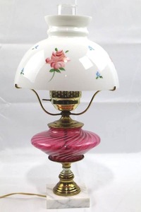 Fenton Opalescent Cranberry Swirl Table Lamp - Hand-Painted Rose Shade &amp Marble Base
