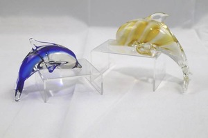 Cobalt Blue and Striped Hand-Blown Dolphin Art Glass (Lot of 2)