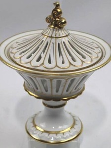 Italian Porcelain Lidded Candy Dish - Centerpiece Bowl Gold Accents