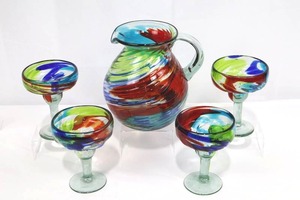 Hand-Blown Margarita Barware Set - 1 Pitcher & 4 Glasses, Colorful Swirl Art Glass