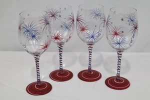 Pier 1 Wine Glasses - Patriotic Fireworks Design, Set of 4