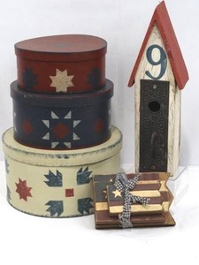 Americana Star Box Set of 3 Stackable Containers, Rustic Birdhouse &amp Wooden Flags