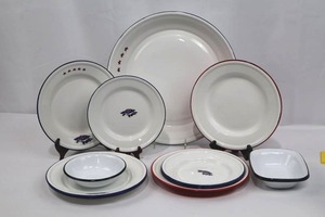 Enameled Metal Americana Plates, Bowls, and Platter - Blue &amp Red Trim